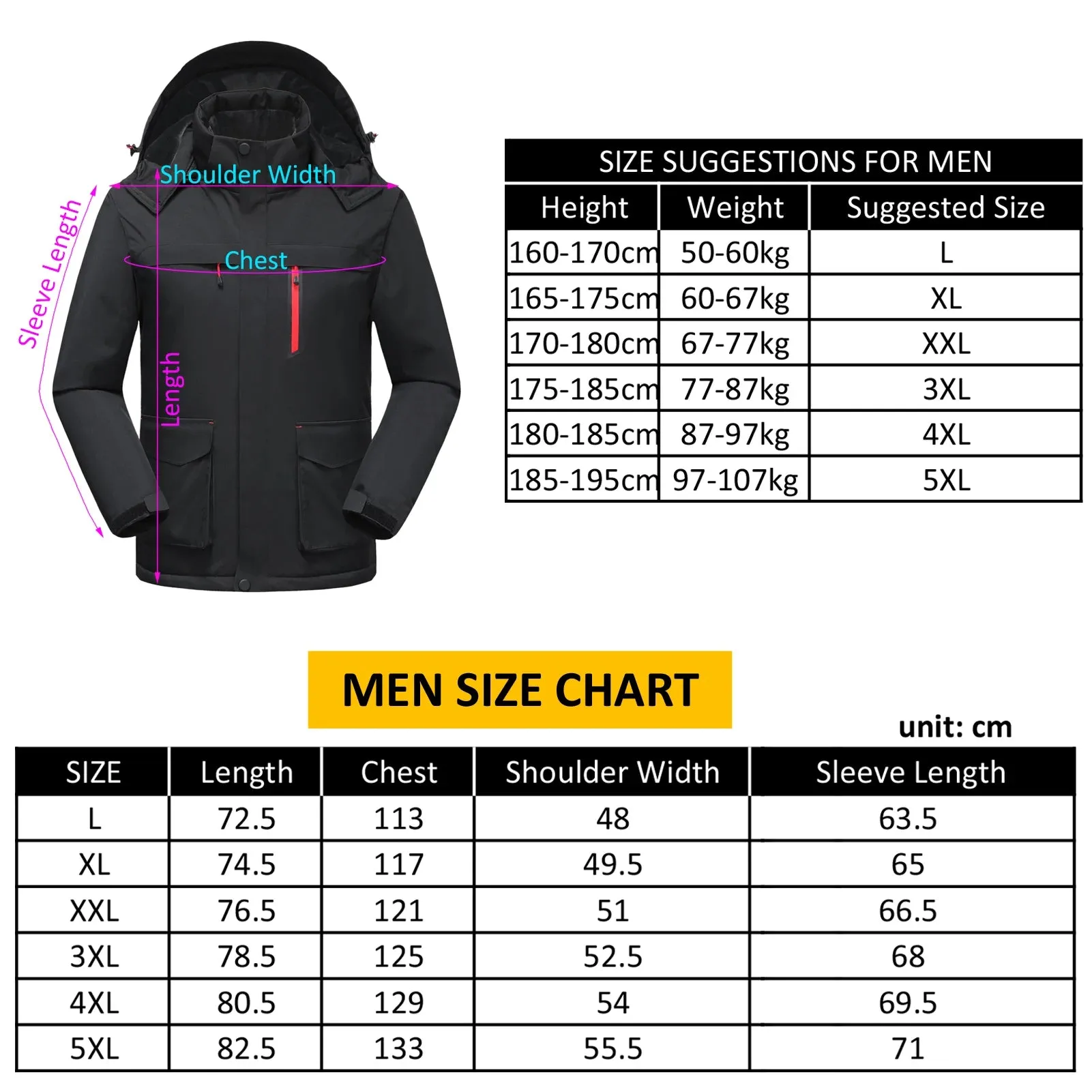 2021 New Heated Jacket with Detachable Hood Winter Warm Heating Jackets Waterproof Rain Coat Windbreaker Clothing Jacket Men