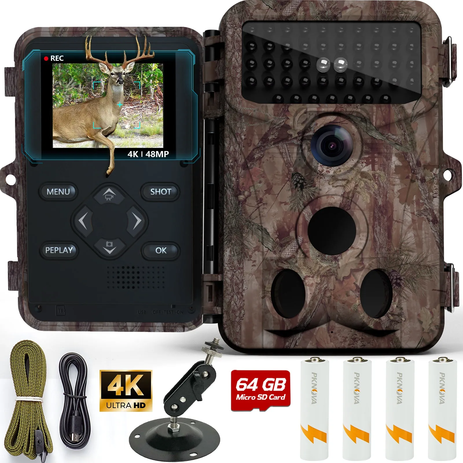 4K 48MP Hunting Trail Camera, Game Cameras with Night Vision Motion Activated Waterproof IP66, No Glow 120° Wide Angle Deer Camera with LCD Display for Capturing Wildlife