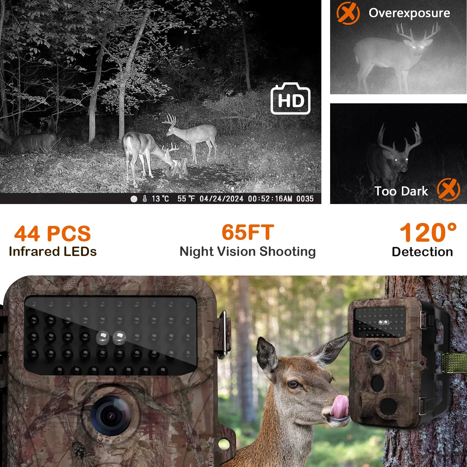 4K 48MP Hunting Trail Camera, Game Cameras with Night Vision Motion Activated Waterproof IP66, No Glow 120° Wide Angle Deer Camera with LCD Display for Capturing Wildlife