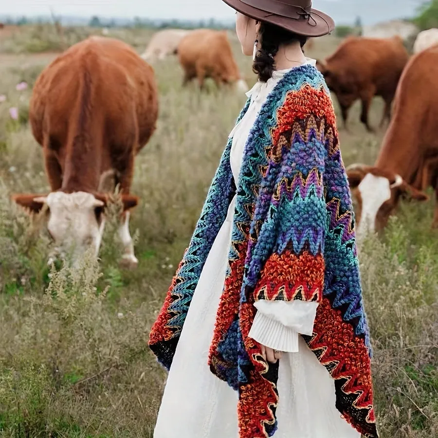 Elegant Boho Knitted Shawl - Windproof, Warm, & Versatile Poncho for Stylish Autumn/Winter Outings