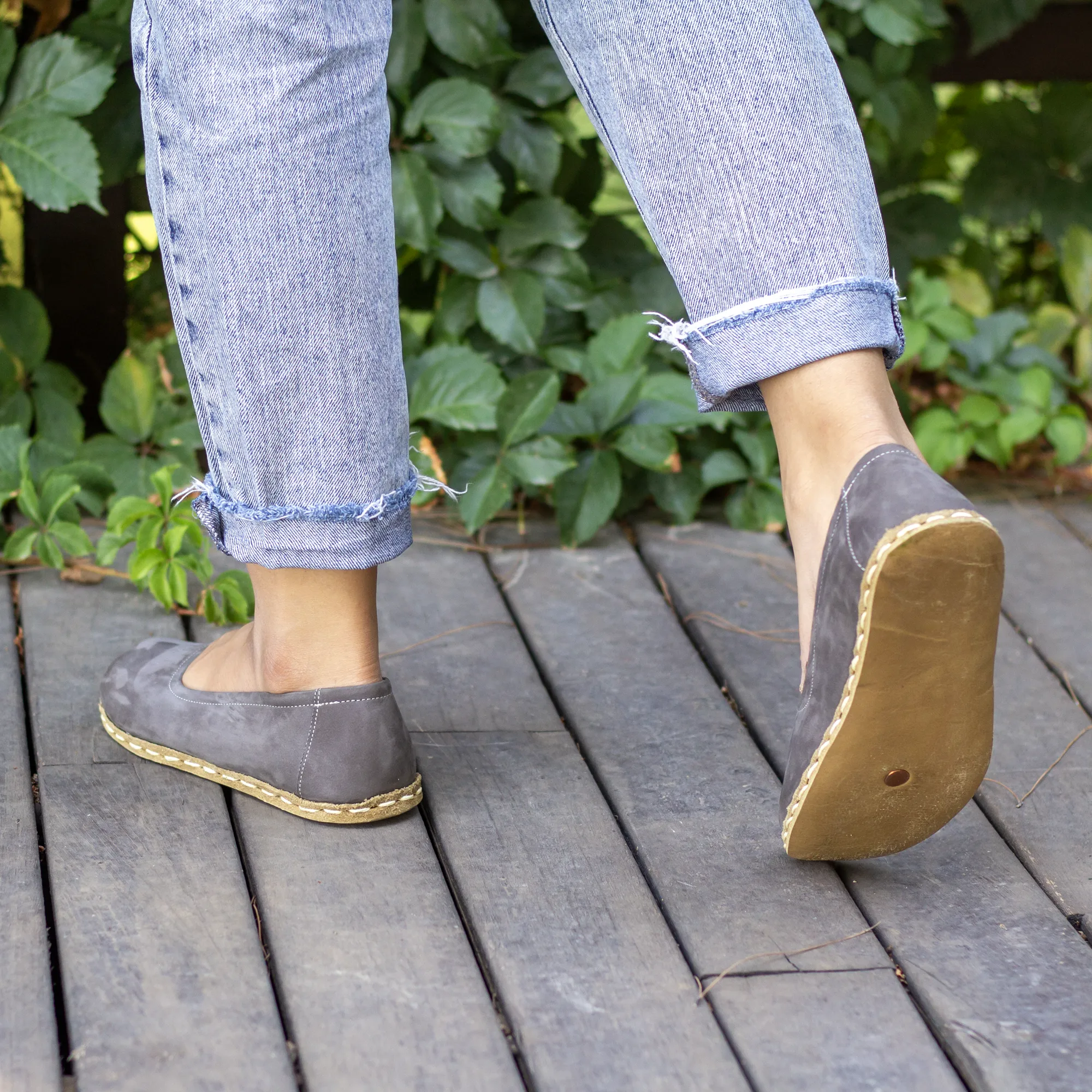 Handmade Barefoot Leather Shoes for Women in Gray Nubuck