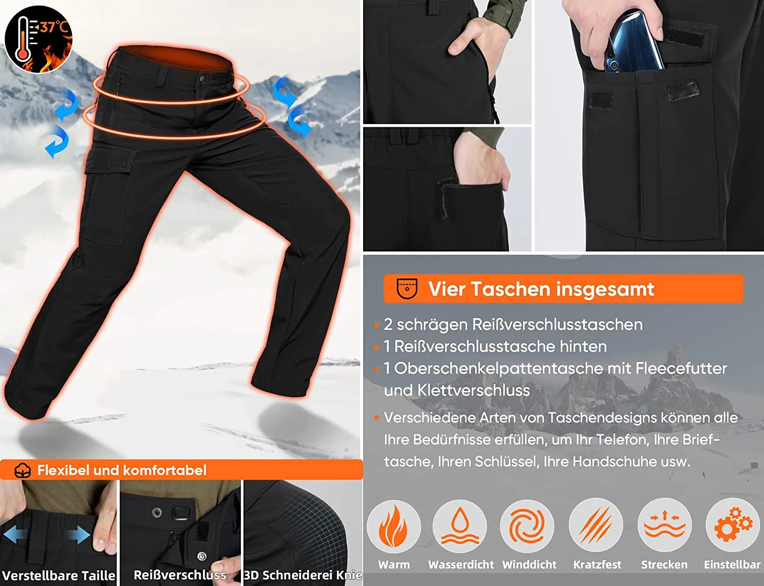 Hiauspor Herren-Skihose-Wanderhose-Fleece-Gefüttert-Wasserdicht-Winddichte-Outdoorhose-Thermohose-Winterhose-Softshellhose-Schneehose-Trekkinghose-Schihose