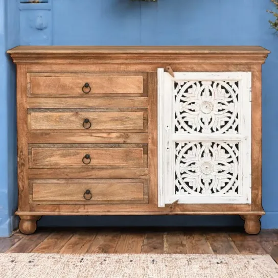 Natural With White Door Solid Wood Chest Of Drawer