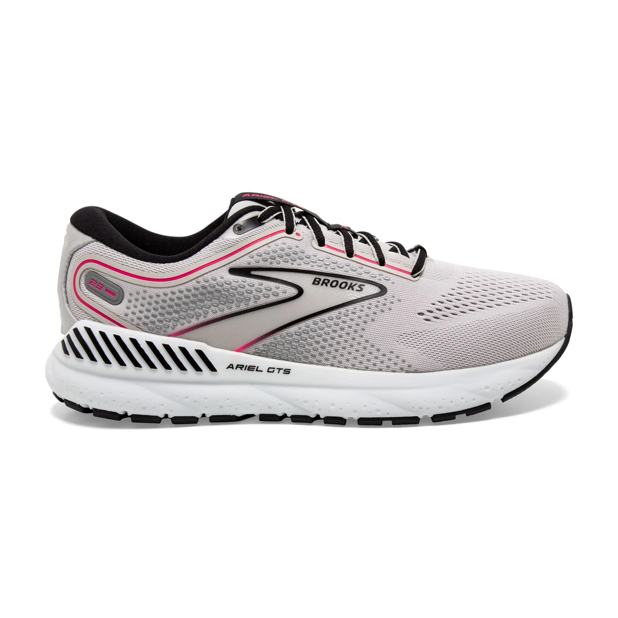 Women's Brooks Ariel GTS 23 Running Shoe in Grey/Black/Pink